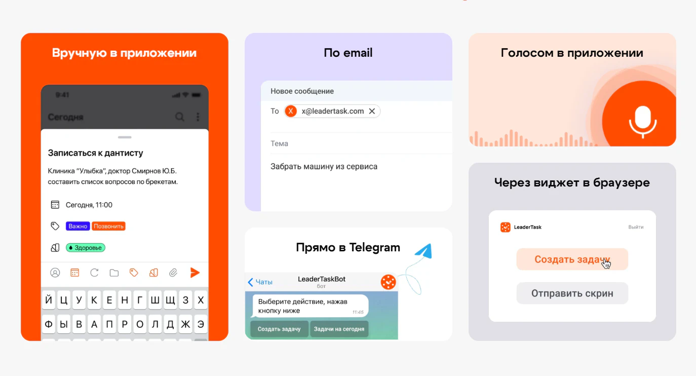 задачи вручную, по электронной почте, голосом, через Telegram и виджеты